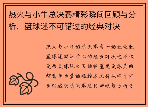 热火与小牛总决赛精彩瞬间回顾与分析，篮球迷不可错过的经典对决